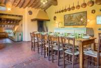 Bildet viser kjøkken med langbord og stue i ferieleiligheten Casa Diana i toskansk landsby.