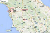 Kartutsnitt av Toscana med ring rundt landsbyen Calci hvor leiligheten Casa Diana ligger. Foto.