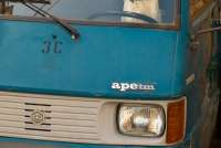 Landsbymiljø. En hund ved rattet i Ape, en trehjuling man ofte møter i landsbymiljøet. Bilde.