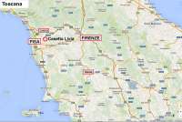 Det er korte avstander i Toscana. Det tar bare 1 time med bil eller tog mellom Pisa og Firenze. Kartskisse der Casetta Livia er inntegnet nært Pisa, Lucca og Firenze. Flyplass bare 20 minutter med bil.