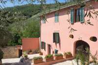 Bildet viser feriehuset Casa Rosa i grønne omgivelser ved landsbyen Montemagno i åssiden utenfor Pisa.