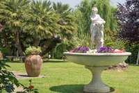 Bildet viser blomster og fontene i hagen til familievennlig feriehus i landsby ved Pisa.