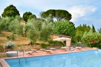 Bildet viser bassenget i hagen på Villa Alba. Ved bassengkanten er det en parasoll og bassengmøbler.