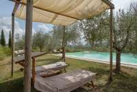 Bildet viser solsenger og basseng på gårdsferie med barn nært Pisa.