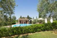 Bildet viser gressplener, hager og hekk på olivengård ved Pisa.