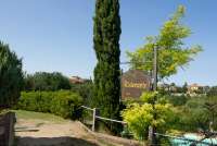 Bildet viser sypresse i hagen til feriehus i Toscana.